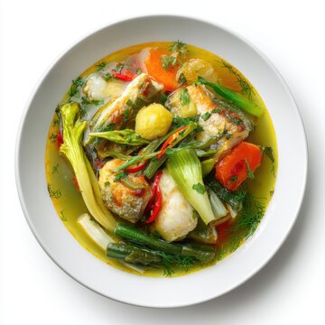 Canh chua - Vietnam sour fish soup with vegetables plate isolated on a white background