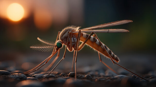 Macro mosquito insect hyperrealistic detail single insect close up long leg wing compound eye proboscis brown body standing rocky surface shallow depth sunset light blurred background outdoor