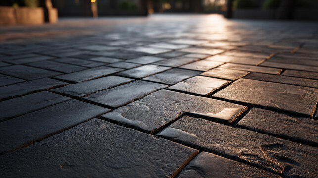 Dark gray brick pavement with reflective surface and warm sunset light, empty outdoor walkway with textured stone pattern