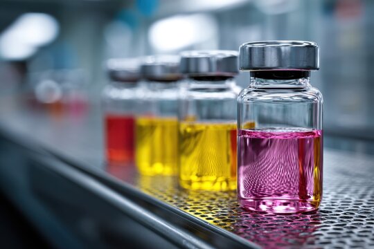 Glass vials filled with brightly colored liquids arranged in a row on a metallic surface within a laboratory setting focused on the vial with pink liquid in the fore