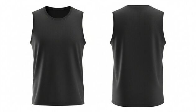 Blank black sleeveless shirt mockup isolated on white background, front and back view, 3d. Empty jersey sport tank top for basketball uniform mock up, natural shape on invisible mannequin