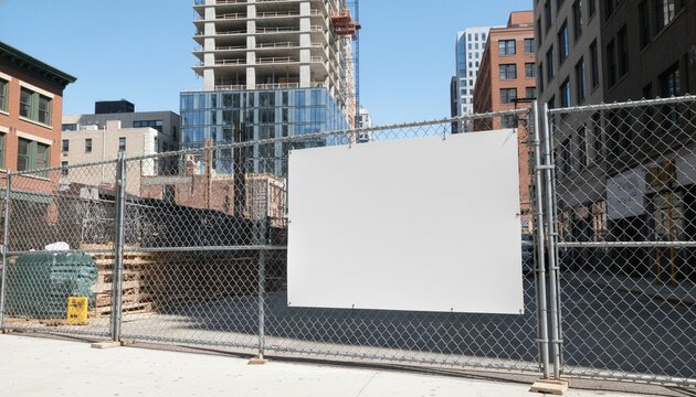 Blank empty signboard poster mockup on a construction site fence in a city street center