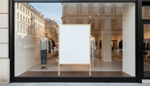 Blank poster mockup stands on shop window, storefront. Wooden frame holds empty white paperboard. Template background for shop advertisement product promotion. Modern urban city fashion boutique