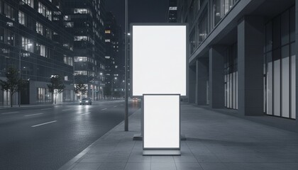 Fototapeta premium Blank white vertical billboard at night. Mockup of advertising banner stand on sidewalk in city street. Empty template, light box, commercial marketing signs