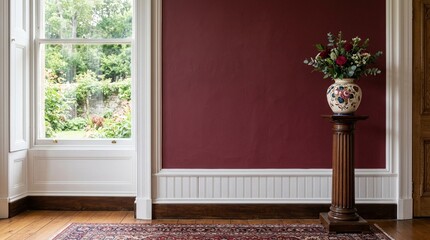 Fototapeta premium Empty Burgundy Wall Mockup in Traditional Interior with Ceramic Vase with Floral Motif on a Wooden Pedestal. Natural Daylight From a Window. Promotion Background.