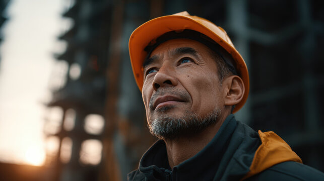 Asian man in orange hard hat looking up with thoughtful expression at construction site
