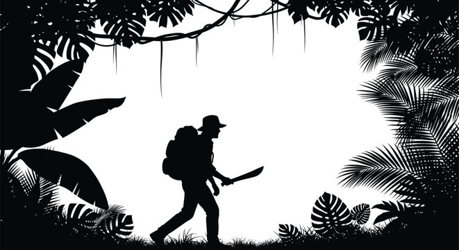 explorer walking through jungle with machete silhouette