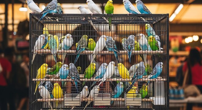 Colorful Parakeets in Large Cage Store.