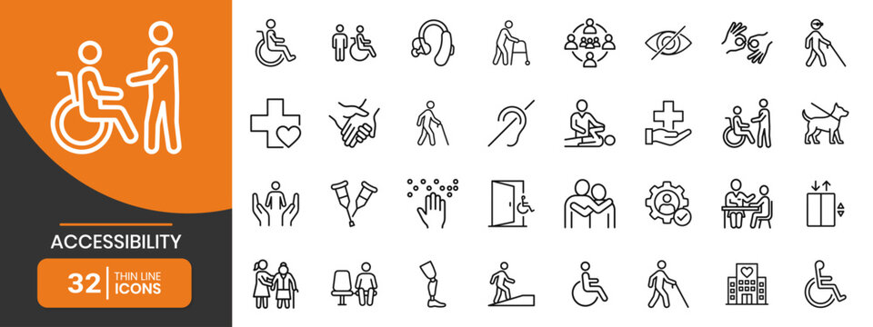 Accessibility Disability Web Icons Thin Line Style Minimal Vector Person Wheelchair Cane Blind Guide Dog