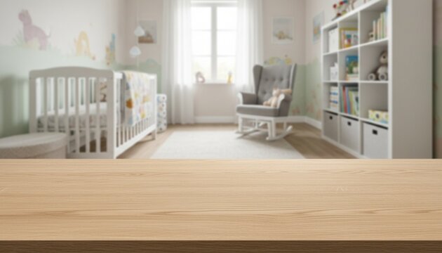 Empty wooden tabletop with blurry baby room interior background. Wooden table for product presentation mockup