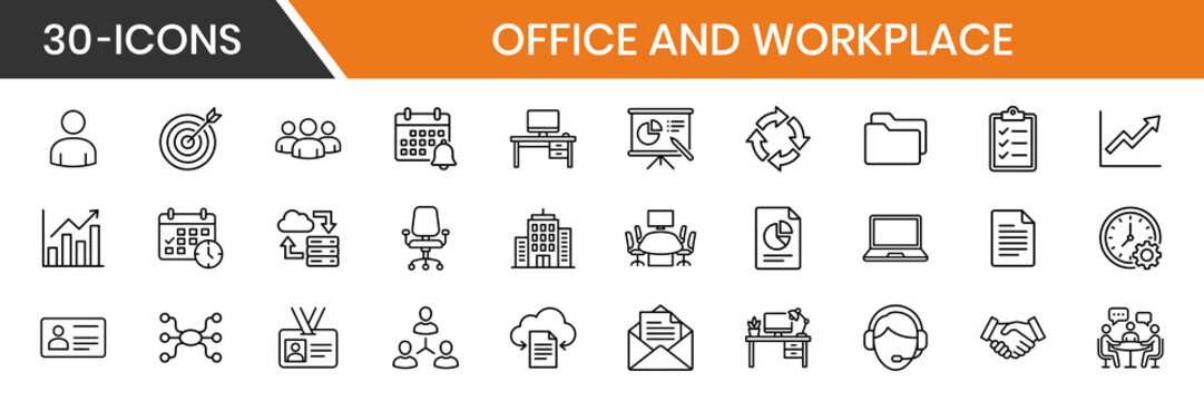 Office Workplace Web Icons Thin Line Style Minimal Vector Desk Workspace Setup Laptop Desktop Computer Chair