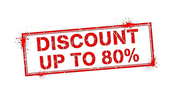 Red rectangular stamp with the text "DISCOUNT UP TO 80%" in bold white letters, indicating a significant price reduction.