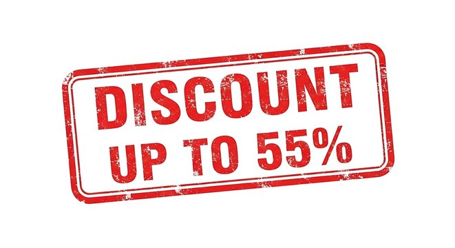 A red rectangular stamp with the words "DISCOUNT UP TO 55%" printed in bold white letters, indicating a sale or offer.
