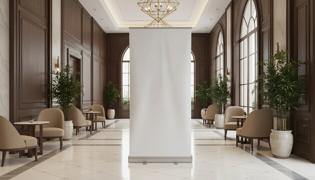 Pull up banner mockup stands in the lobby. Blank roll up poster stands in elegant hallway interior