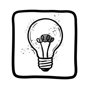 Hand drawn light bulb icon in frame with grunge splatter for ideas