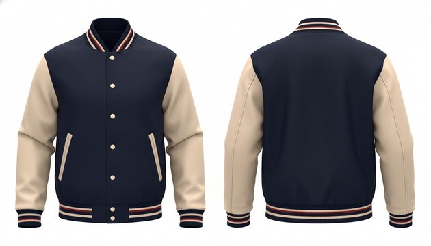 Varsity jacket mockup front and back on seamless white background