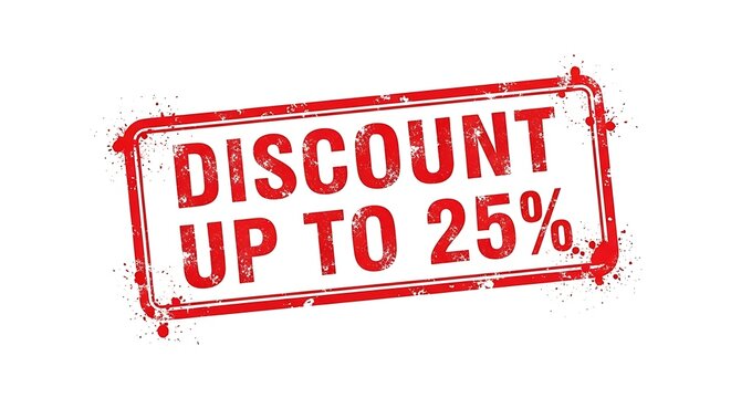A red rubber stamp graphic indicating a discount of up to 25% is available.