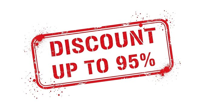 A red and white rubber stamp graphic indicating a discount of up to 95% is available.