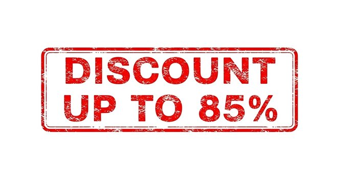 Red distressed stamp graphic indicating a discount of up to 85 percent, isolated on a white background.