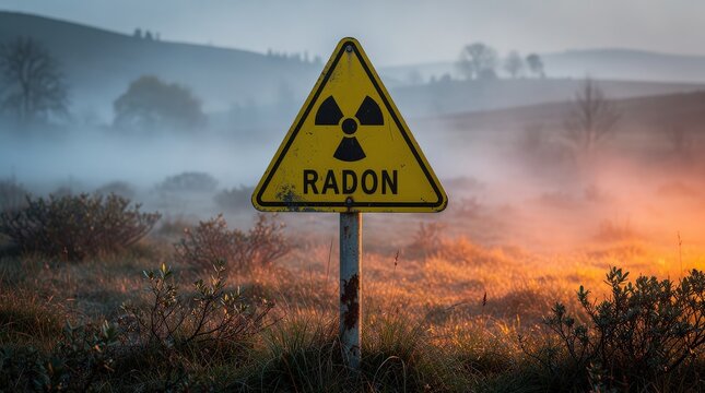 A warning sign for radon gas stands in a misty field at dawn, highlighting the potential danger of radioactive gas in natural environments.