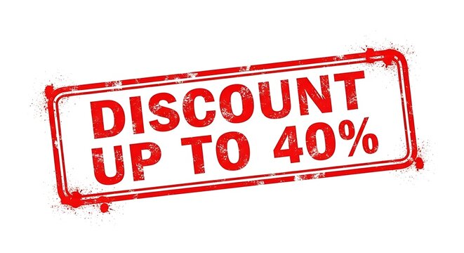A red rectangular stamp with the words "DISCOUNT UP TO 40%" printed in bold white letters, indicating a special offer or sale.