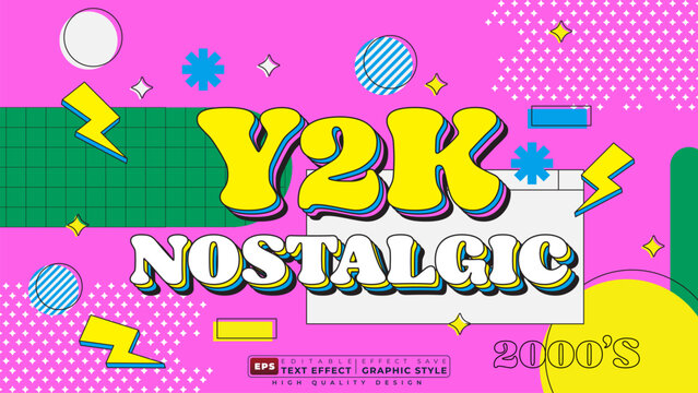 Editable 3d text effect y2k nostalgic with abstract geometric background for banner template design