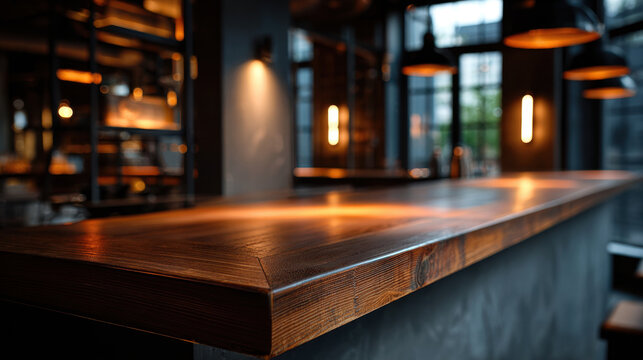Empty modern bar counter ready for product placement, clean wood counter in warm dim interior