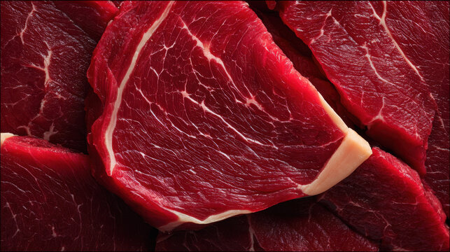Fresh raw red meat closeup with marbled fat and rich texture for food background, juicy steak cut macro on dark surface