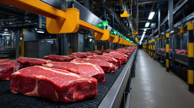 Meat production plant automated line beef cut industrial conveyor food processing manufacturing plant sterile interior raw meat machinery production line facility factory stainless steel meat