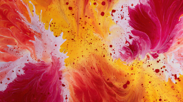 Abstract paint splash with red yellow orange and pink feather like texture and scattered droplet pattern