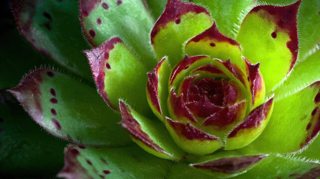 Macro photography of green succulent rosette with red tipped leaf and spotted texture, detailed close up plant on dark background, vivid natural pattern and fresh botanical texture