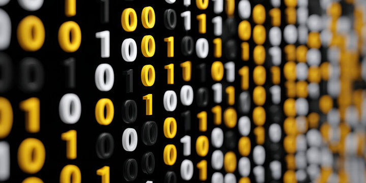 Binary code pattern abstract data stream digital matrix yellow zero white one black background binary number blurred detail technology concept cyber background