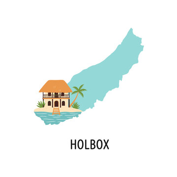 Tropical Island Map Vector Illustration of Holbox with Palapa