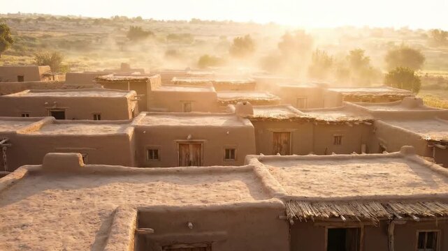 Folk architecture earthen courtyard facade with thick mud walls, rustic wooden door, open shadowed entry, handmade roof edge, clay vessel detail, and golden dusty village sunlight atmosphere