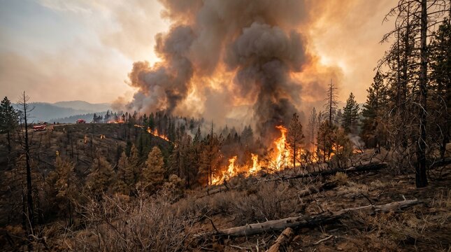 Forest fire rages across landscape with flames burning trees and smoke rising high