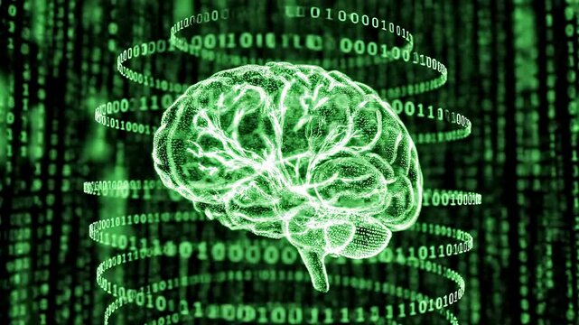 A green-lit brain illustration surrounded by swirling lines of binary code on a dark background