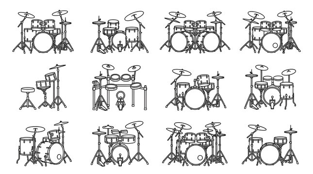 Collection of diverse drum kit outline illustrations showcasing various configurations for musical inspiration
