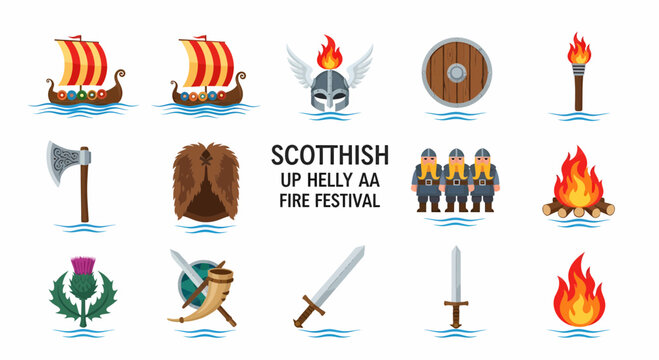 Set Flat Vector of Scottish Viking Festival Fire Torch.