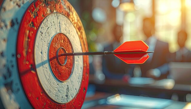 Close up of a dart hitting the center of a target against a blurred backdrop