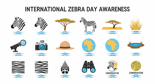 Modern Illustration set of Zebra black and white animal.
