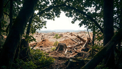 Fototapeta premium Tree Canopy Framing Deforested Land and Logging Debris
