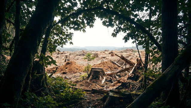 Tree Canopy Framing Deforested Land and Logging Debris