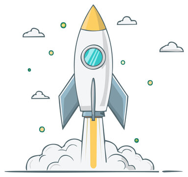 Cartoon Rocket Launching into Space with Clouds and Stars