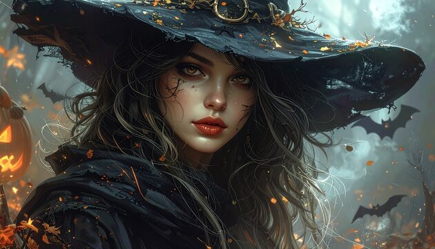 魔女の帽子を被った美しい女性が幻想的なハロウィンの森に佇んでいます。