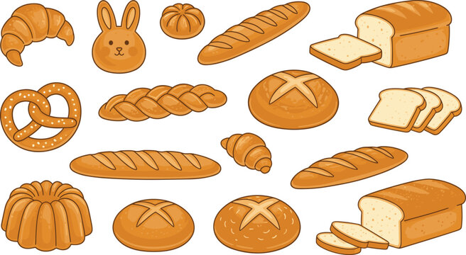 Fresh bakery bread set with baguette croissant and sliced loaf
