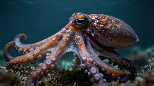 Detailed view of a mimic octopus arm with suction cups and complex skin textures.