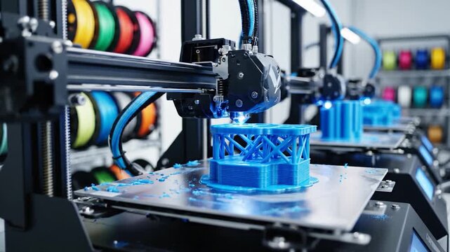 A close-up view of a 3D printer in operation, creating a blue plastic object with precision and detail, showcasing modern technology