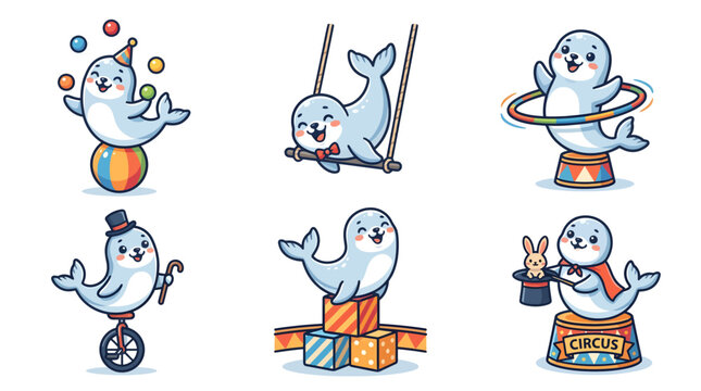 Delightful collection of cute cartoon seals performing various fun circus acts including juggling, unicycling, and magic