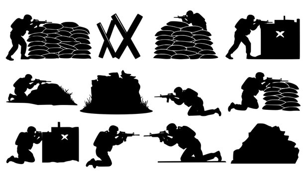 Silhouette soldiers training with weapons and obstacles