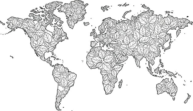 A detailed world map intricately composed of many small leaves.